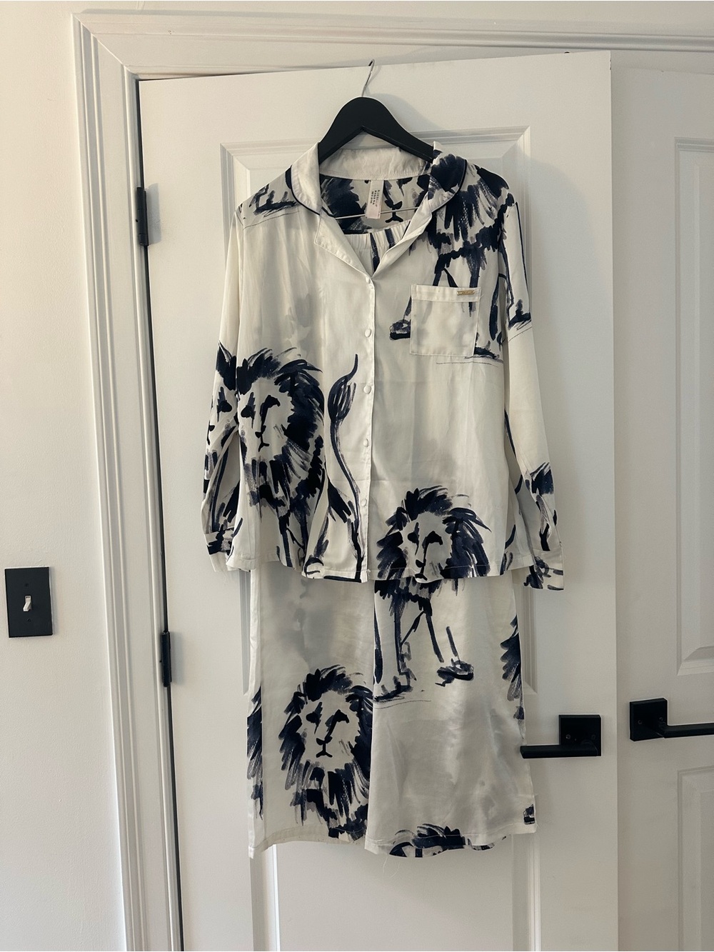 Bluebell Faux Silk blue and white lion pajama set | size: S